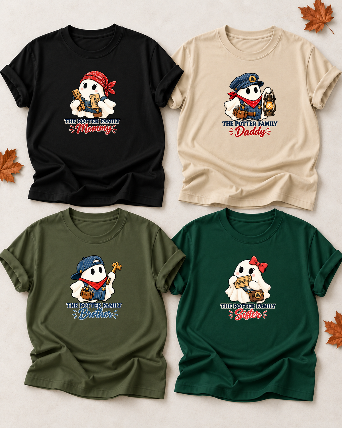 Family overview of four personalized Halloween ghost shirts: Dad in Sand, Mom in Black, Brother in Olive, and Sister in Dark Green; each has a role-specific design with train conductor ghost characters with engineer caps, bandanas, lantern, tickets, and keys.