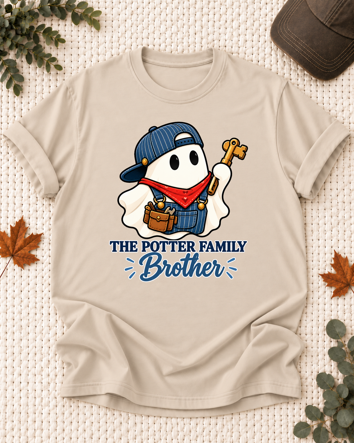 Brother's Sand personalized Halloween shirt mockup with a train conductor ghost with ticket details, sample family lettering, and the role label.