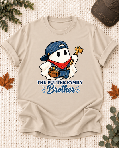 Brother's Sand personalized Halloween shirt mockup with a train conductor ghost with ticket details, sample family lettering, and the role label.