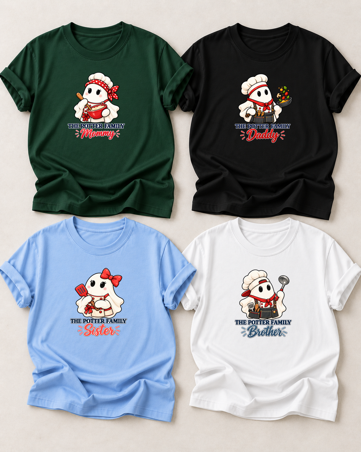 Family overview of four personalized Halloween ghost shirts: Dad in Black, Mom in Dark Green, Brother in White, and Sister in Light Blue; each has a role-specific design with chef ghost characters with chef hats, mixing bowl, rolling pin, sauté pan, and spatula.