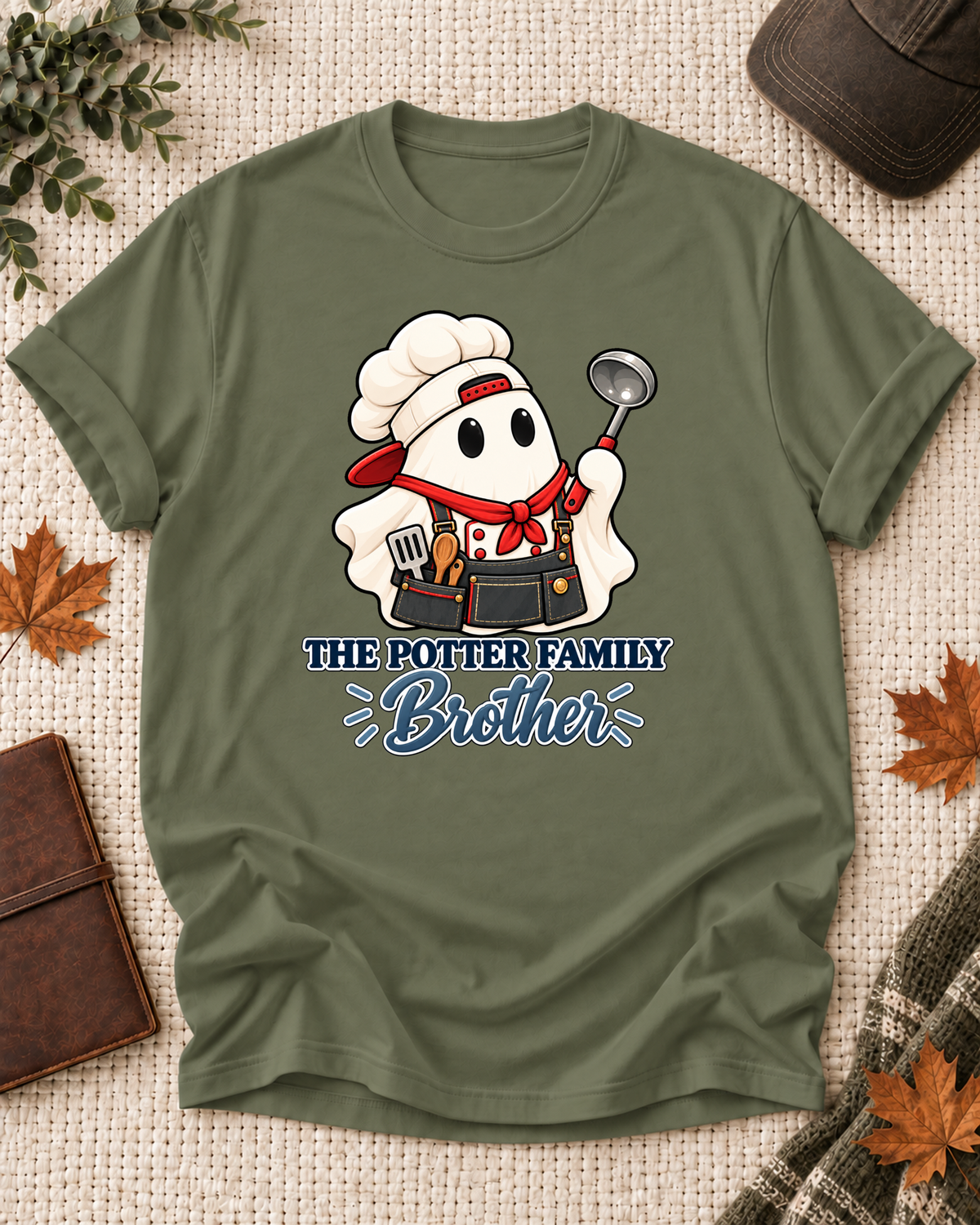 Brother's Olive personalized Halloween shirt mockup with a chef ghost with a rolling pin, sample family lettering, and the role label.