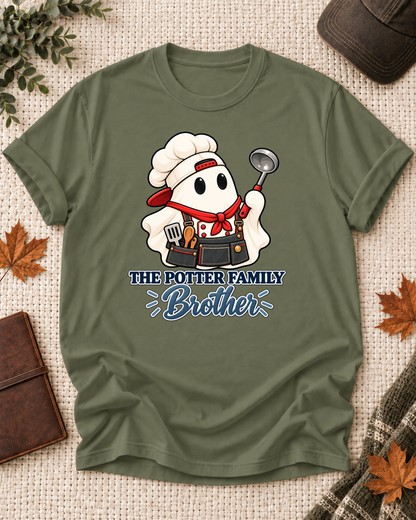 Brother's Olive personalized Halloween shirt mockup with a chef ghost with a rolling pin, sample family lettering, and the role label.