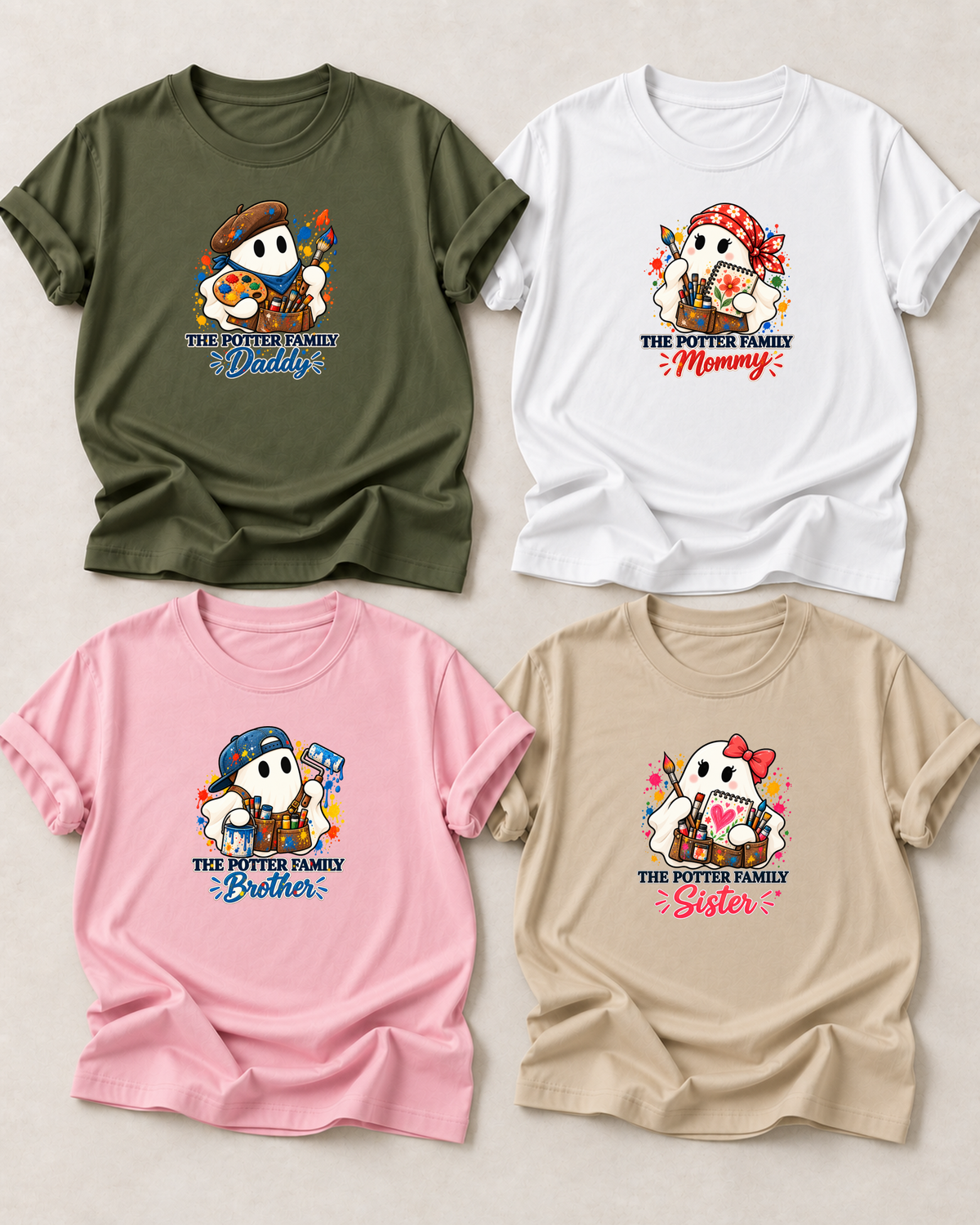 Family overview of four personalized Halloween ghost shirts: Dad in Olive, Mom in White, Brother in Light Pink, and Sister in Sand; each has a role-specific design with artist ghost characters with paint rollers, palette, brushes, sketchbooks, and paint splatter.