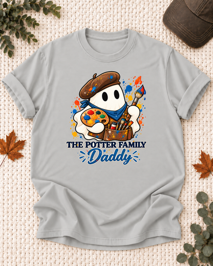 Daddy's Ash Grey personalized Halloween shirt mockup with an artist ghost with a paint roller, sample family lettering, and the role label.
