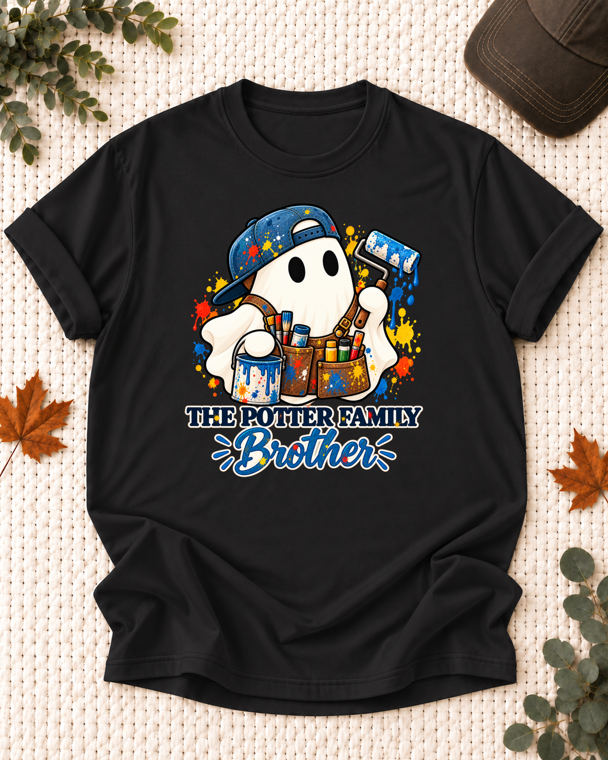 Brother's Black personalized Halloween shirt mockup with an artist ghost with a sketchbook, sample family lettering, and the role label.