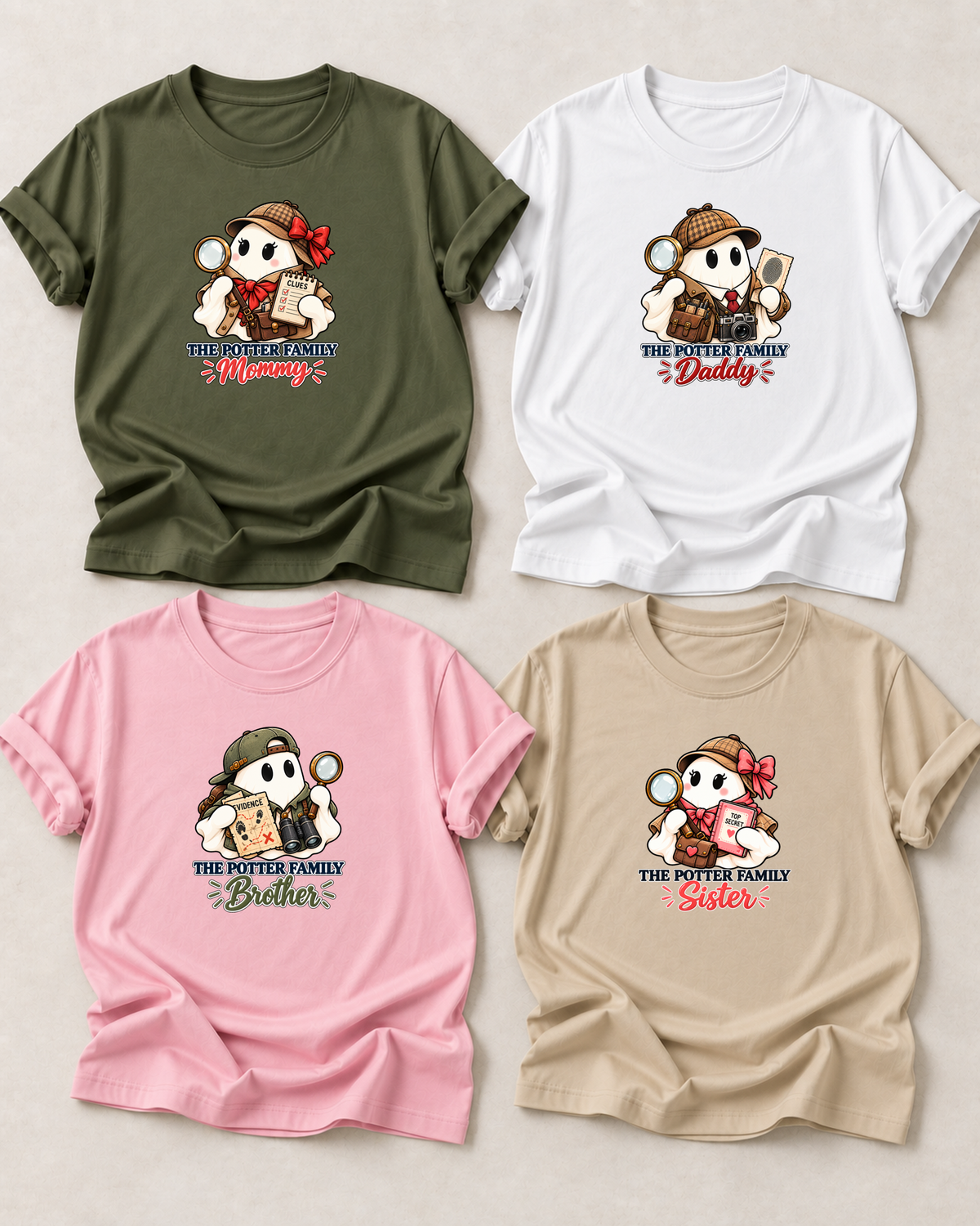 Family overview of four personalized Halloween ghost shirts: Dad in White, Mom in Olive, Brother in Light Pink, and Sister in Sand; each has a role-specific design with detective ghost characters with magnifying glass, clue notebooks, camera, fingerprint card, and binoculars.