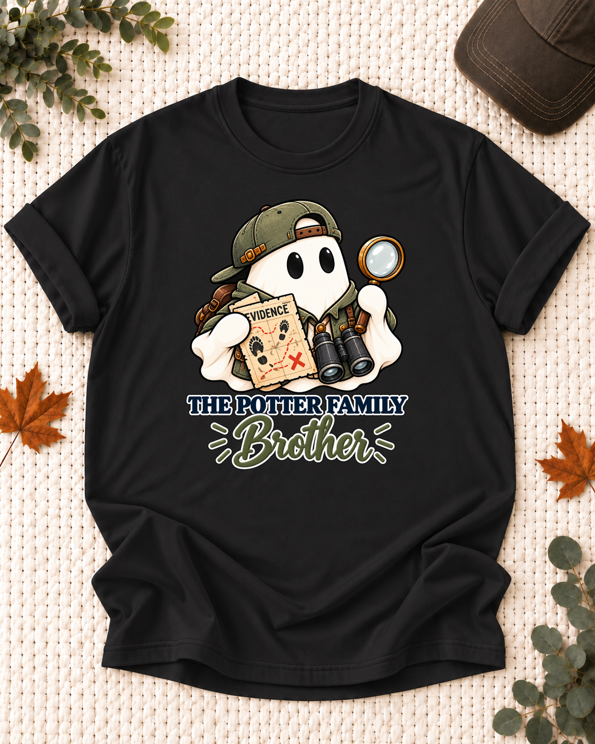 Brother's Black personalized Halloween shirt mockup with a detective ghost with a fingerprint card and binoculars, sample family lettering, and the role label.