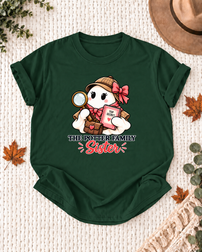 Sister's Dark Green personalized Halloween shirt mockup with a detective ghost with a fixed Top Secret notebook design detail, sample family lettering, and the role label.