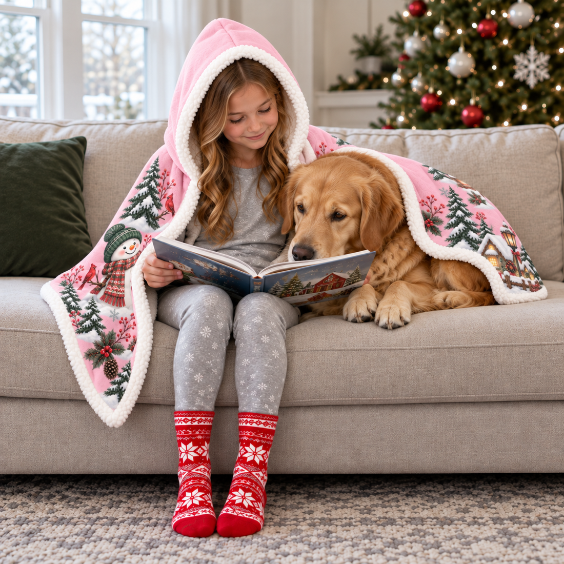 Child reading beside a golden retriever on a sofa, wrapped in a pink Christmas snowman hooded blanket with white lining.