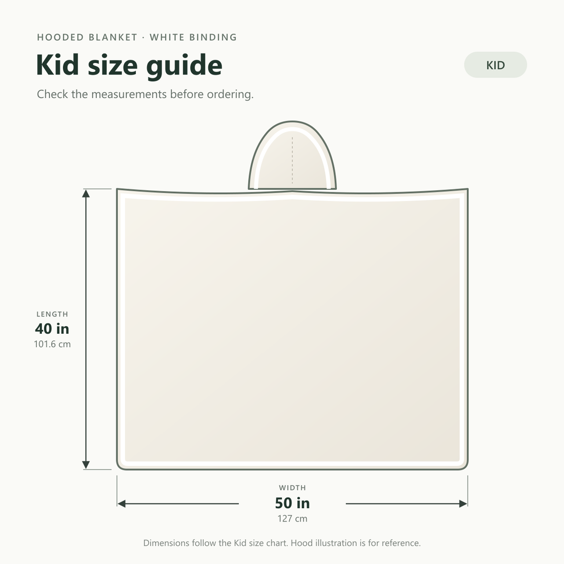 Kid hooded blanket size guide showing a 40-inch length and 50-inch width, with a hood illustration for reference.