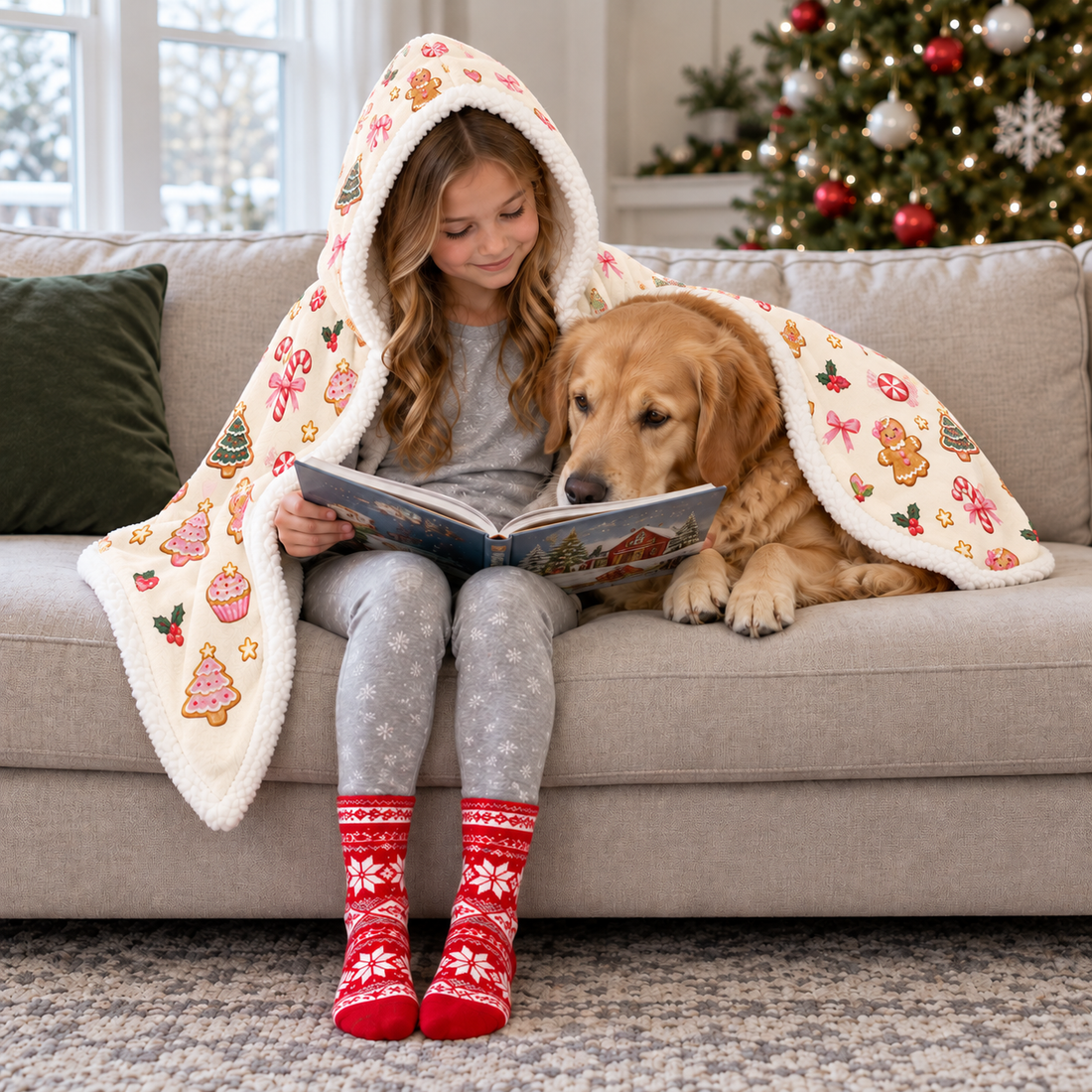 Child reading with a golden retriever on a sofa under an ivory Christmas treat hooded blanket, with white lining visible inside the hood.