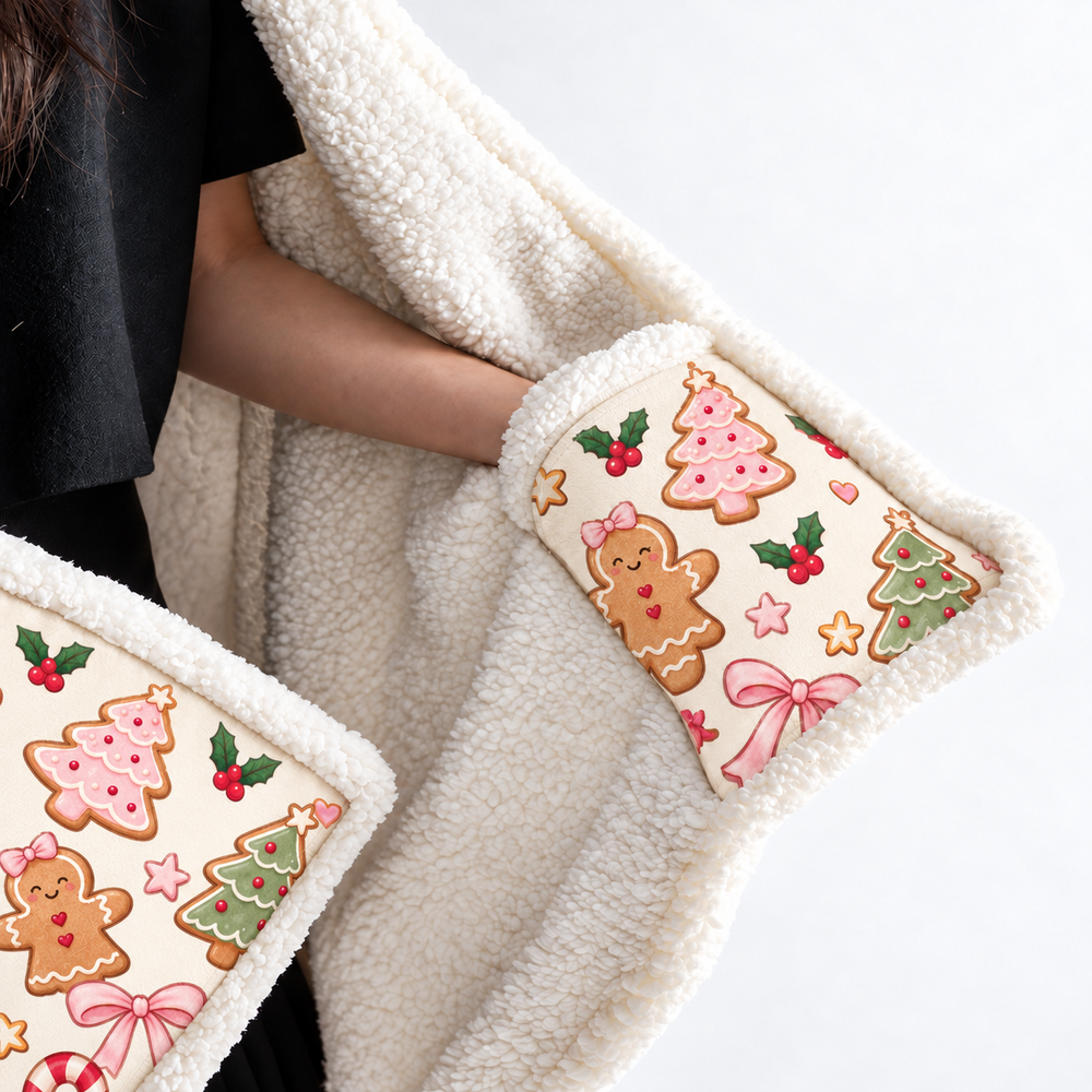 Close-up of a hand inside a corner pocket printed with gingerbread and Christmas cookie motifs, beside white Sherpa lining and white binding.
