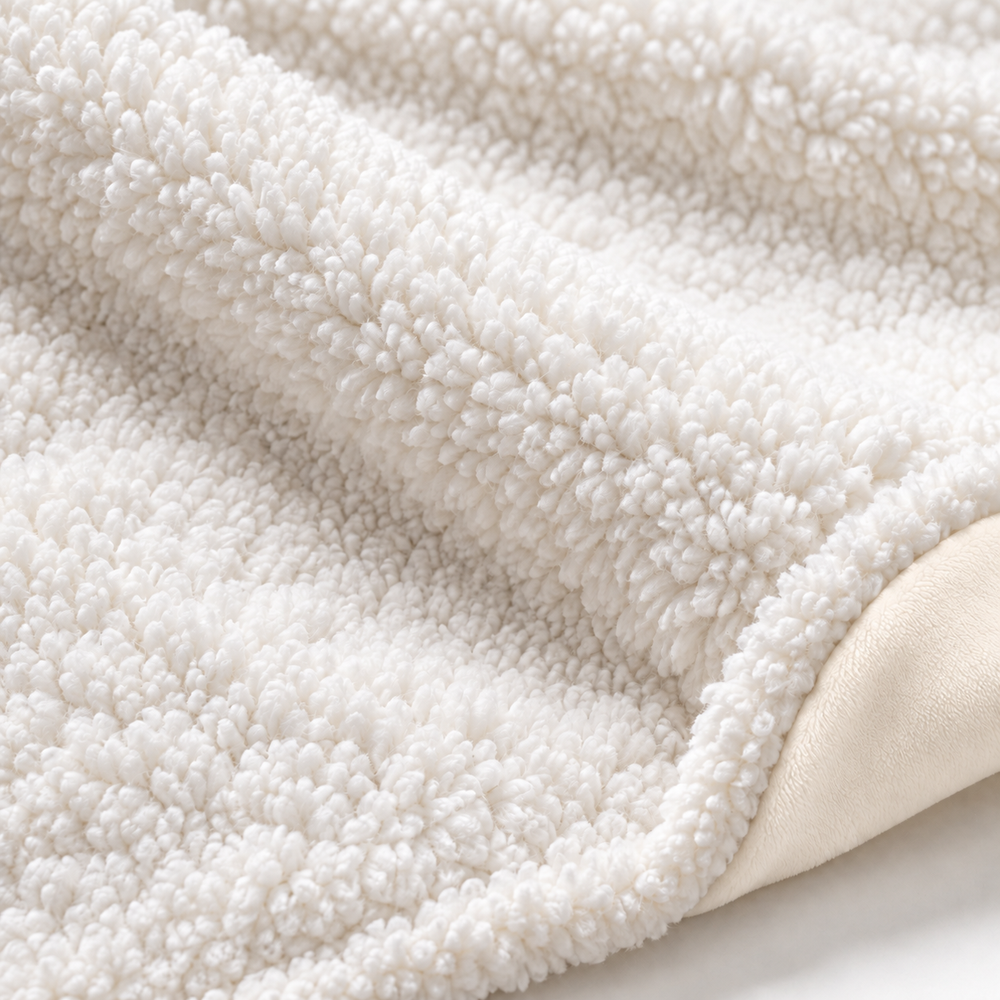 Close-up of white Sherpa-texture lining beside the folded ivory exterior and white binding of the hooded blanket.