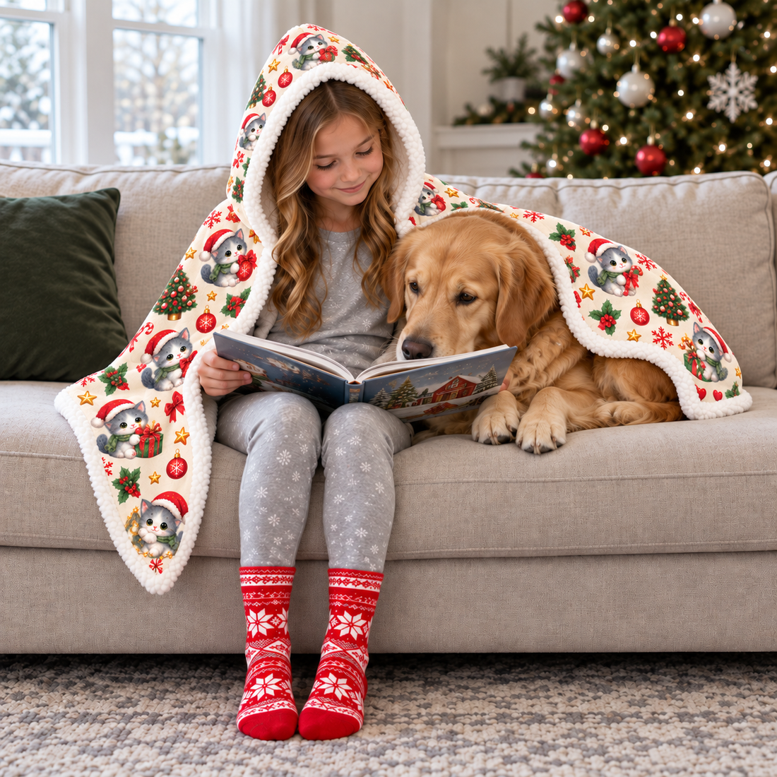 Child reading with a golden retriever on a sofa under an ivory Christmas kitten hooded blanket with white Sherpa lining.