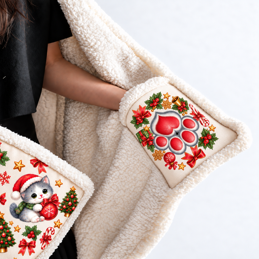 Close-up of a hand inside a corner pocket with a red paw print and Christmas accents, beside kitten-printed fabric and white Sherpa lining.