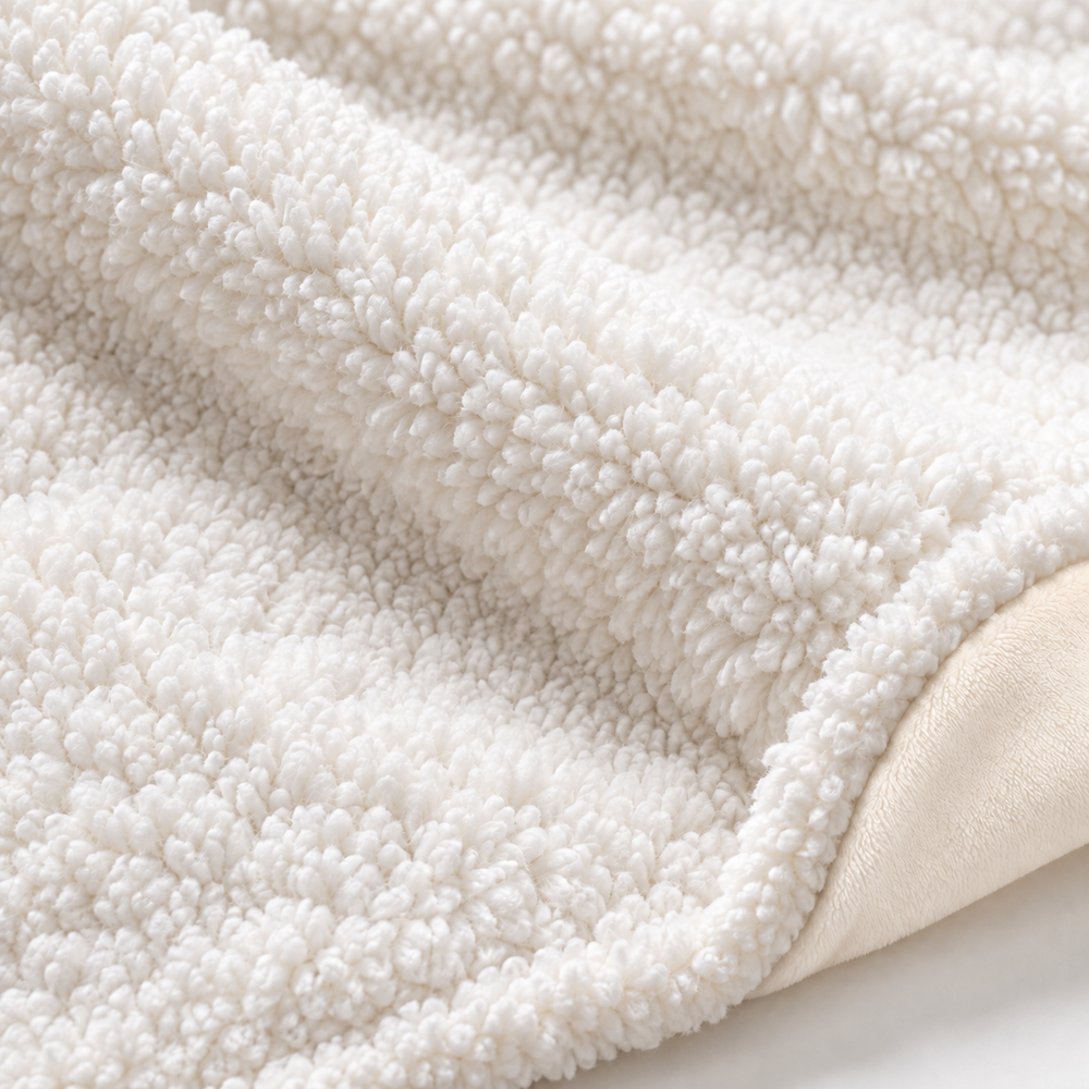 Close-up of white Sherpa-texture lining beside the folded ivory exterior and white binding of the hooded blanket.