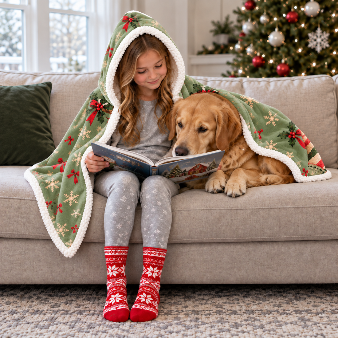 Child reading with a golden retriever on a sofa under a sage-green hooded blanket printed with holly, red bows, and snowflakes, with white hood lining.