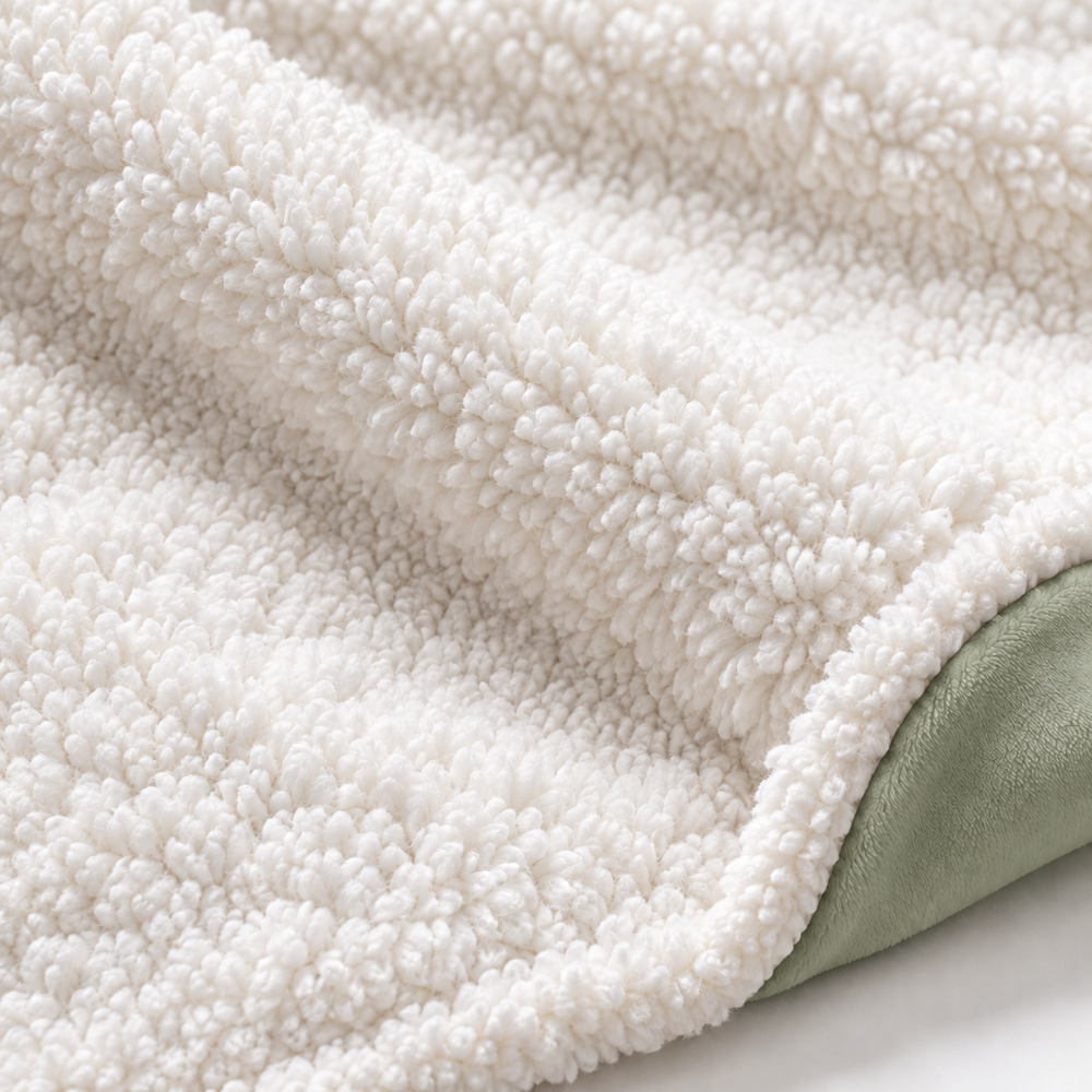 Close-up of white Sherpa-texture lining beside the folded sage-green exterior and white binding of the hooded blanket.