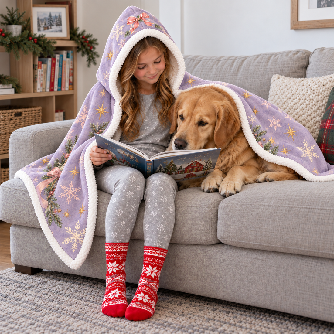 Child reading with a golden retriever on a sofa under a lavender hooded blanket with printed bows, greenery, stars, and snowflakes and white hood lining.