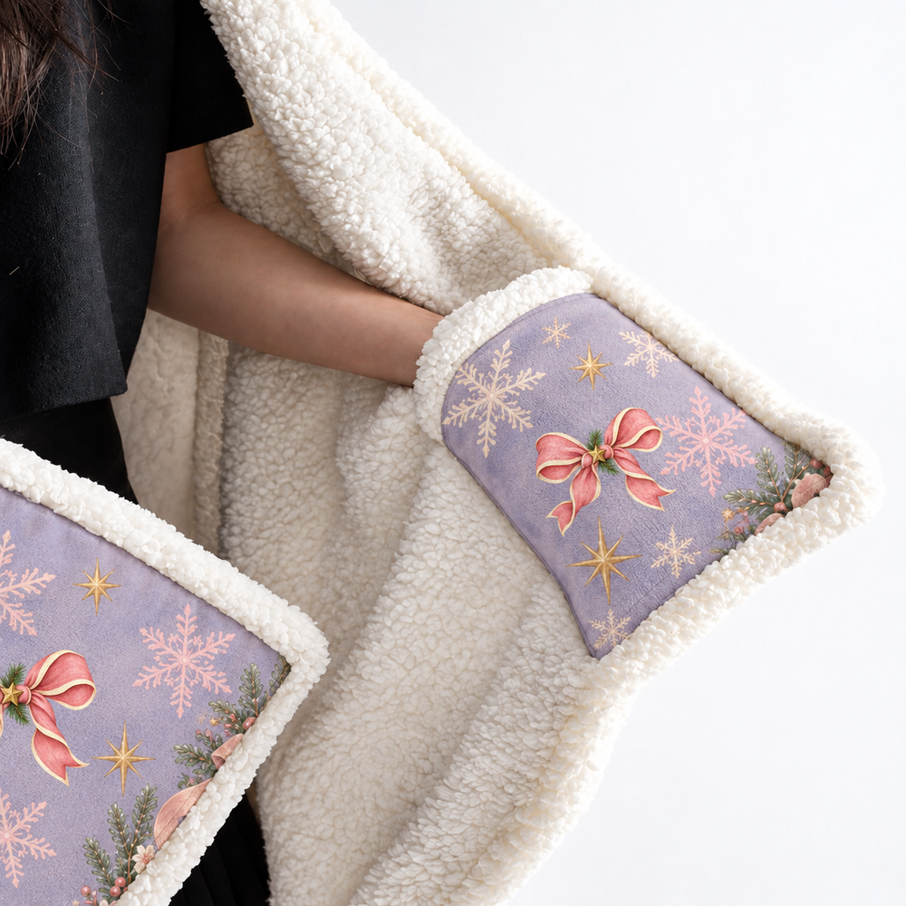 Close-up of a hand inside a lavender corner pocket with printed pink bow, stars, snowflakes, and greenery, beside white Sherpa lining and white binding.