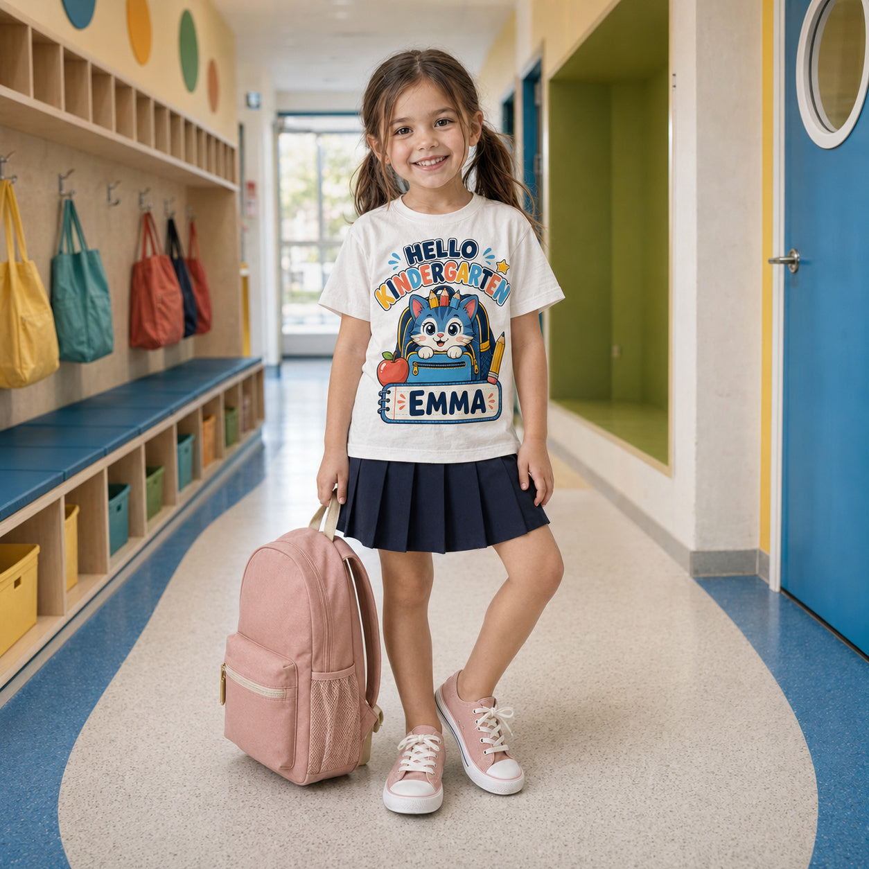 Girl wearing a white personalized cat back-to-school shirt in a school hallway.