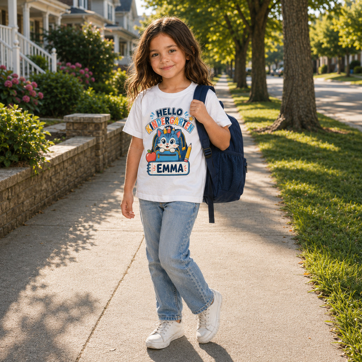 Child wearing a personalized cat name and grade shirt with a backpack outdoors.