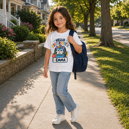 Child wearing a personalized cat name and grade shirt with a backpack outdoors.