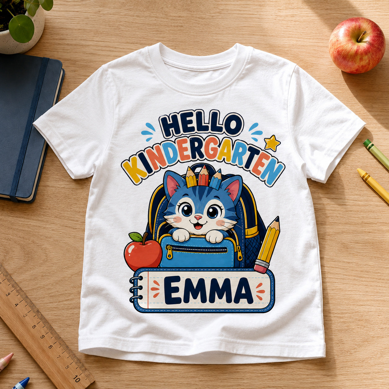 White youth T-shirt with personalized cat name and grade back-to-school artwork.