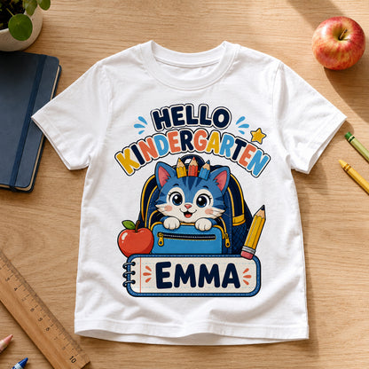 White youth T-shirt with personalized cat name and grade back-to-school artwork.