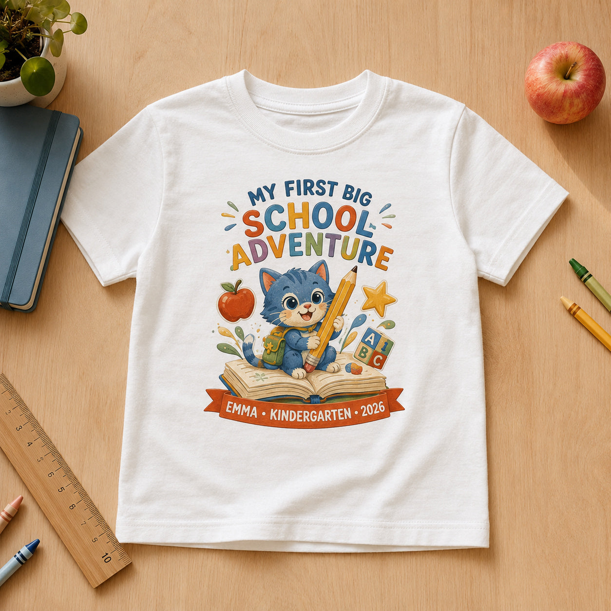 Personalized First Big School Adventure Cat Name & Grade Shirt