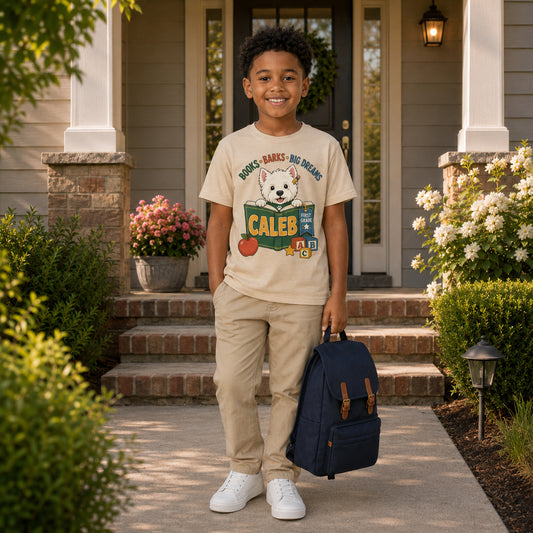 Personalized Books, Barks & Big Dreams Dog Name & Grade Shirt