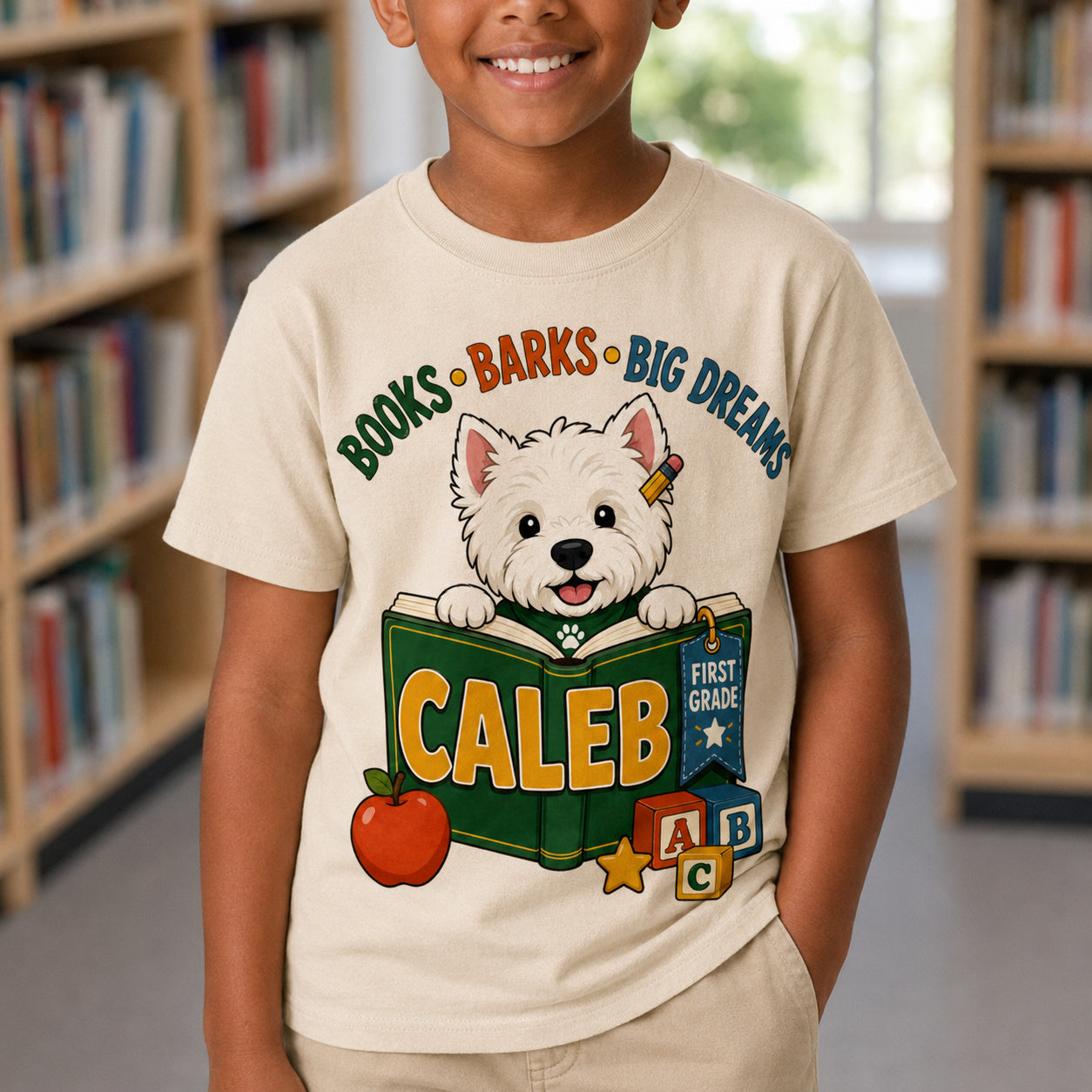 Personalized Books, Barks & Big Dreams Dog Name & Grade Shirt