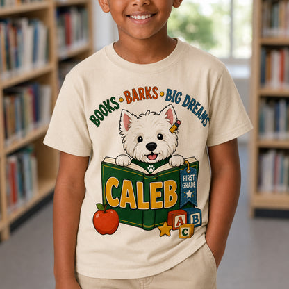 Personalized Books, Barks & Big Dreams Dog Name & Grade Shirt