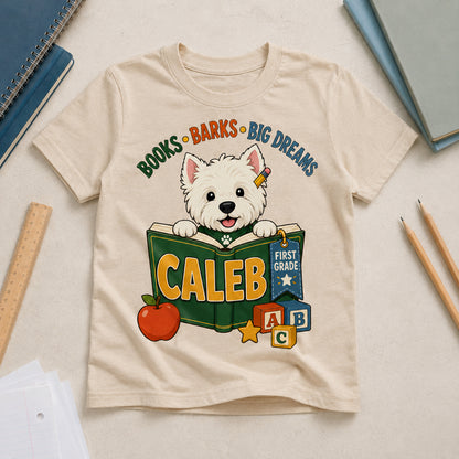 Personalized Books, Barks & Big Dreams Dog Name & Grade Shirt