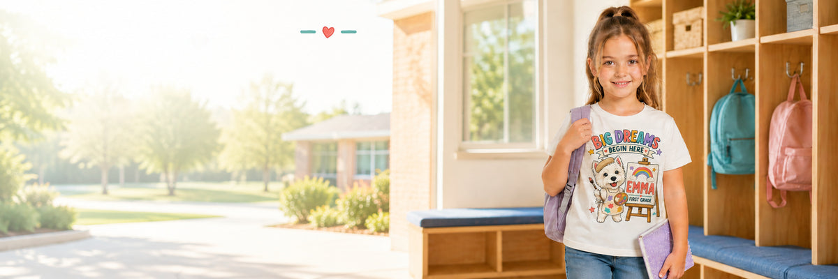 Smiling schoolgirl wearing a personalized Moment Minis first-grade T-shirt in a bright school hallway